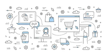Illustrazione di sistemi e-commerce e strumenti digitali per la gestione di negozi online