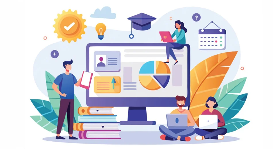 Illustrazione di un ecosistema digitale con persone, dati e strumenti per la gestione di progetti web