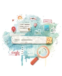 Illustrazione di elementi SEO e ricerca online con lente di ingrandimento e interfacce digitali