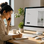 Professionista al lavoro mentre gestisce la propria presenza online con una notifica di errore sul sito web
