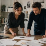 Due professionisti valutano un progetto di strategia digitale scegliendo le soluzioni più efficaci attraverso un processo di selezione e semplificazione.